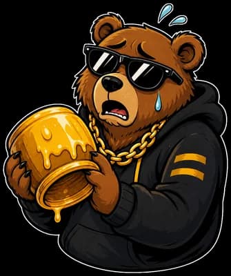 A nervous bear clutches an empty honey jar