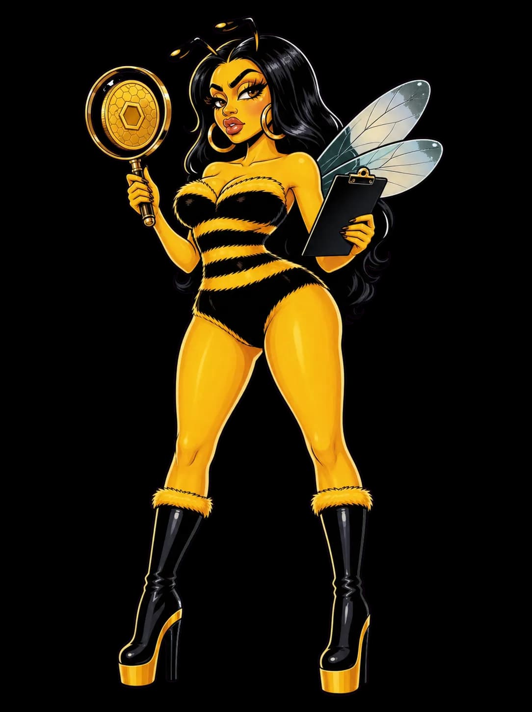 Cardi Bee examines a contract scroll with a magnifying glass