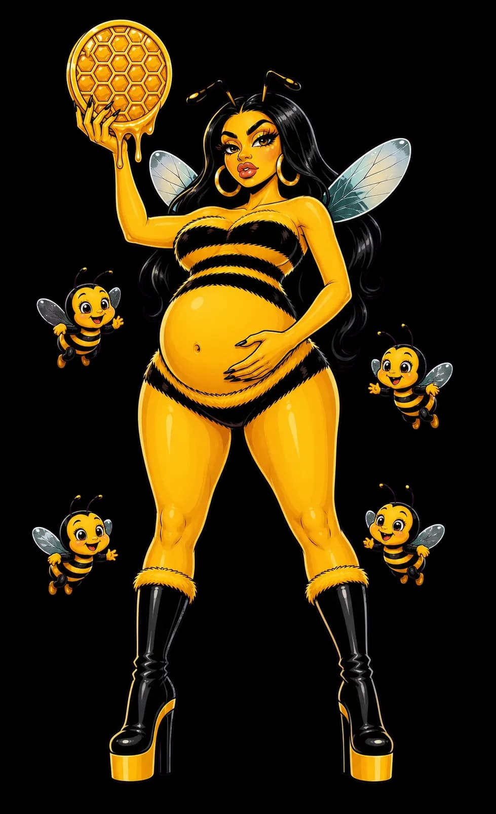 Mother of the Bull Market Cardi Bee poses beside four baby bees
