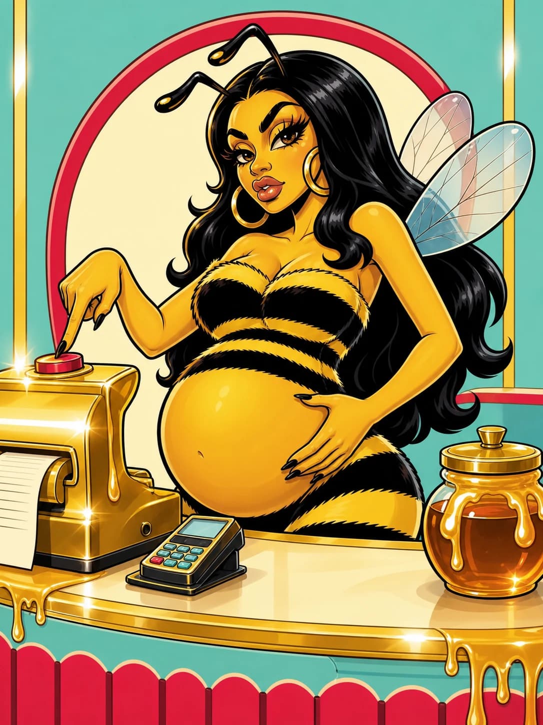 Pregnant Cardi Bee runs a gold honey checkout counter
